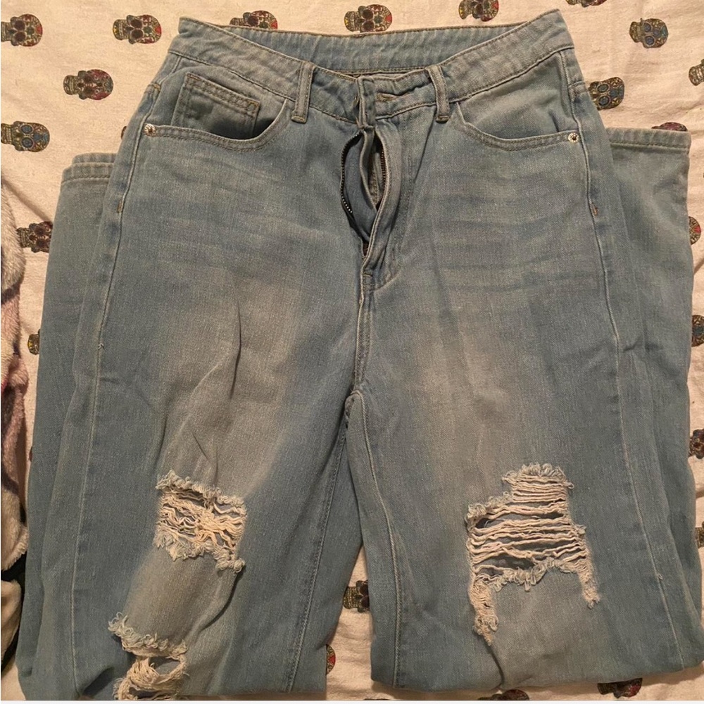 SHEIN Blue Boyfriend Jeans Distressed Casual